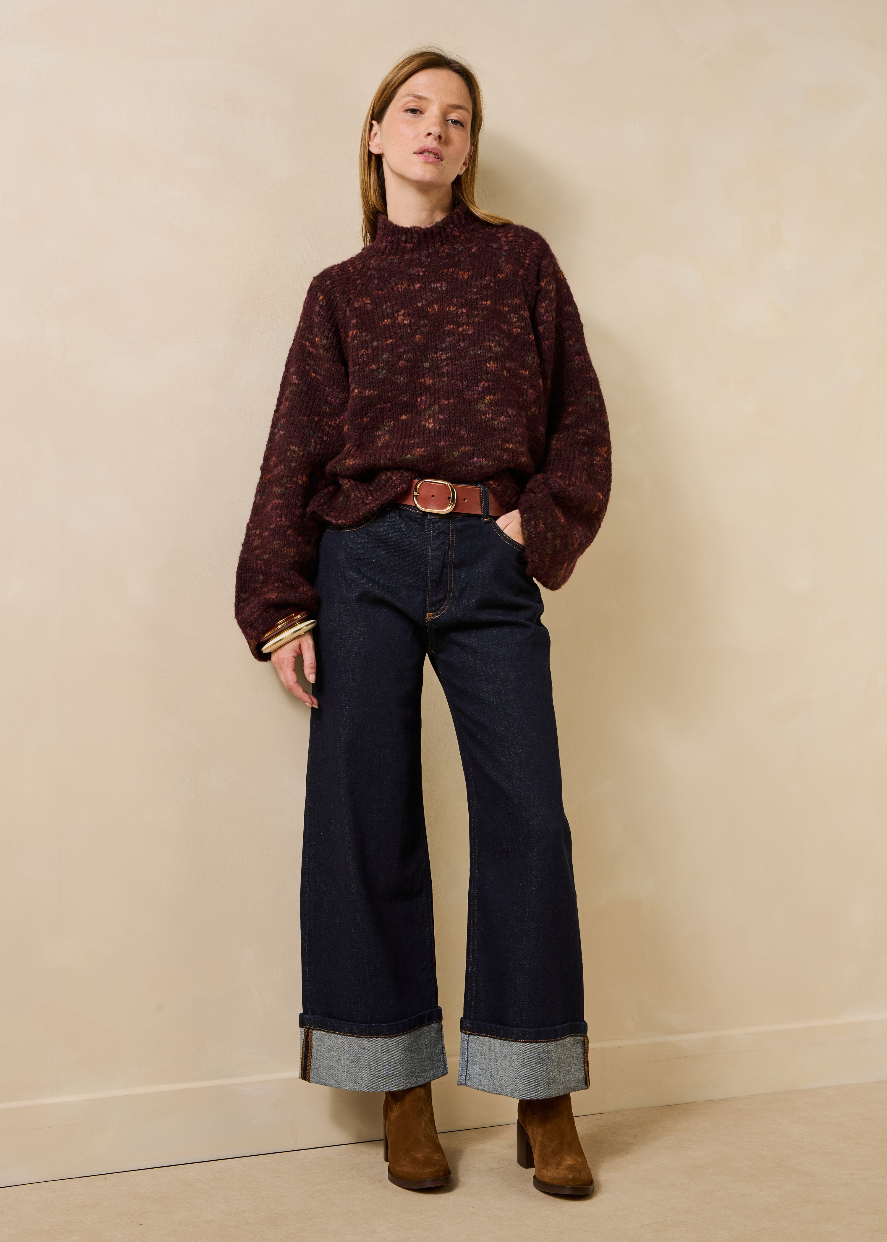 Pull bordeaux manches longues col montant
