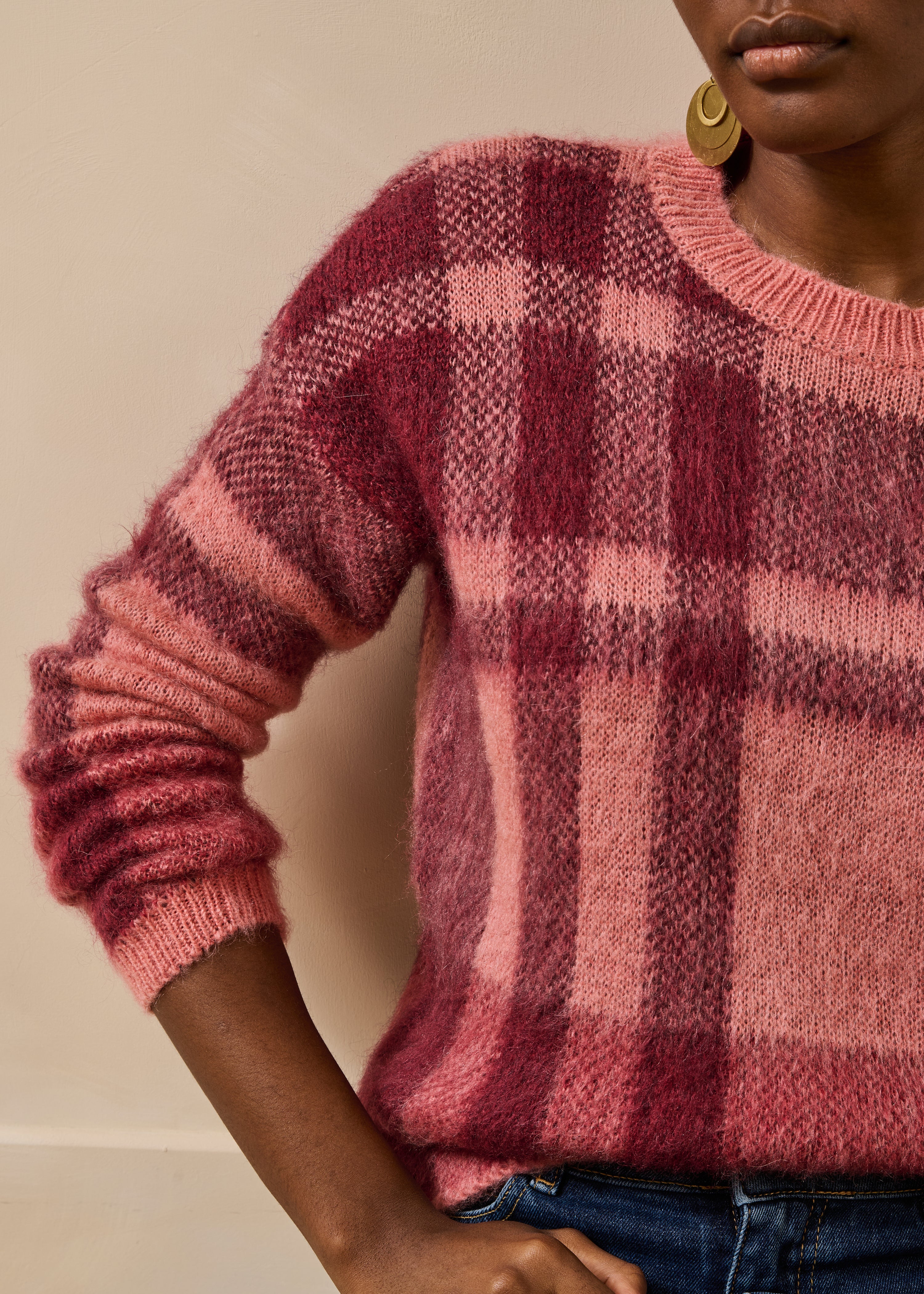 Pull rose manches longues en jacquard col rond