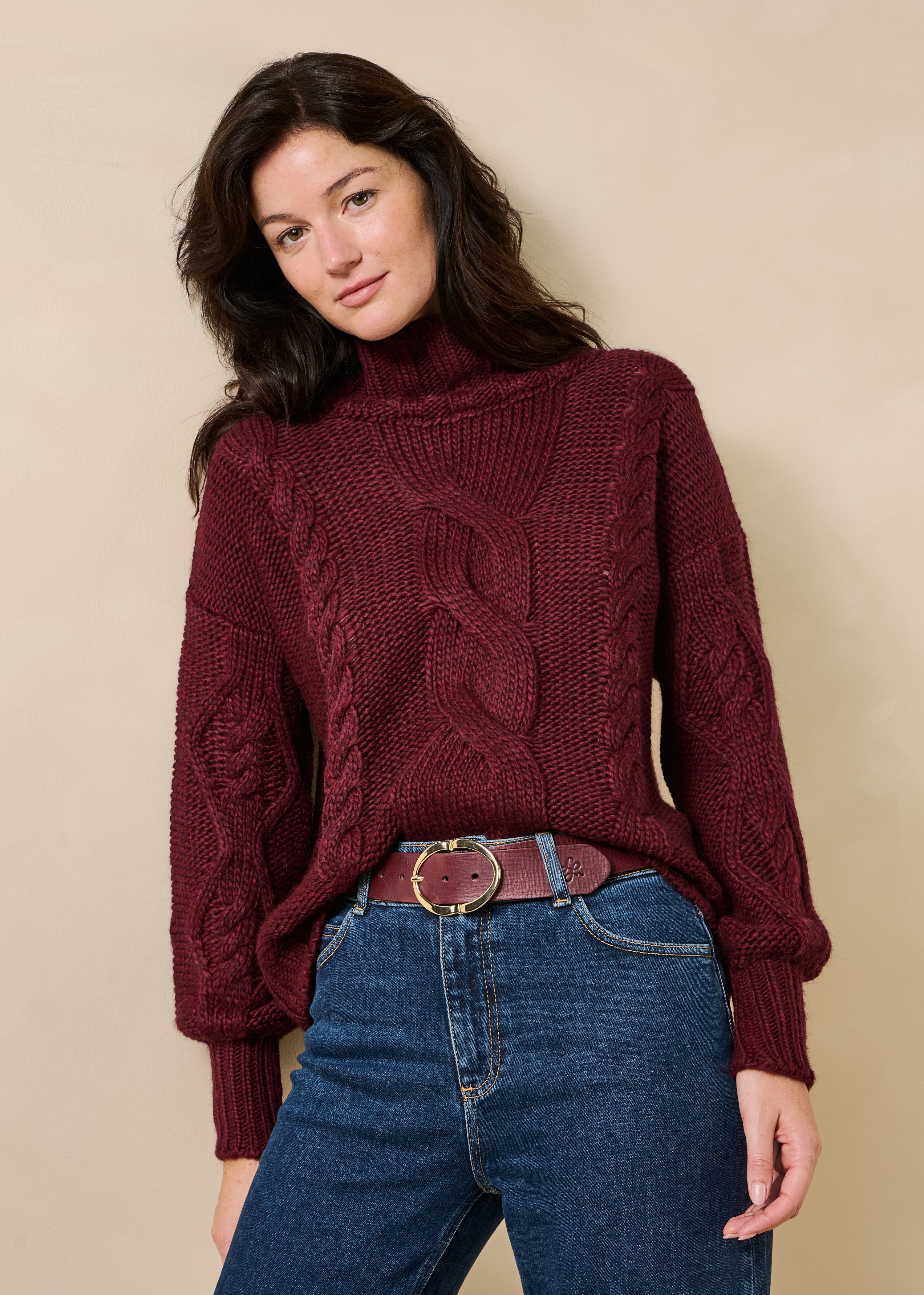 Pull bordeaux manches longues col montant