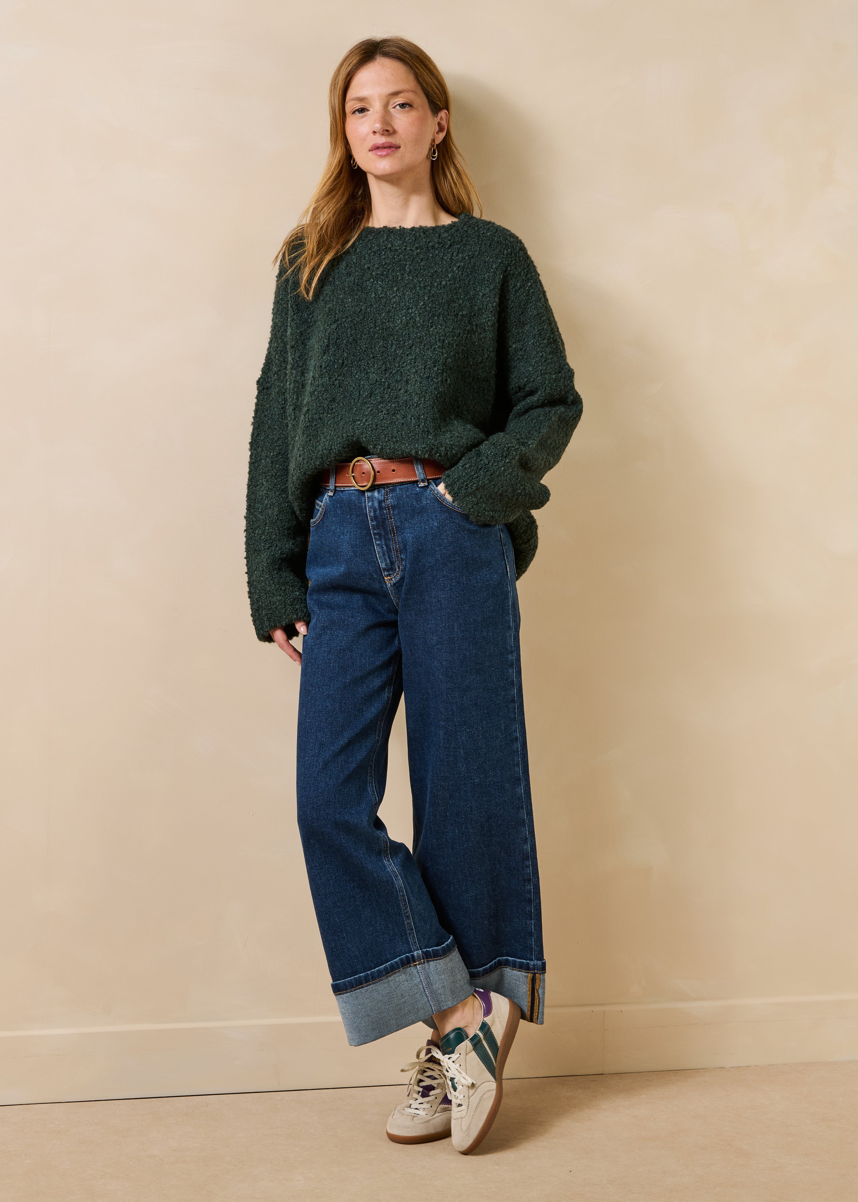 Pull groen flesje boucle met lange mouwen en ronde hals