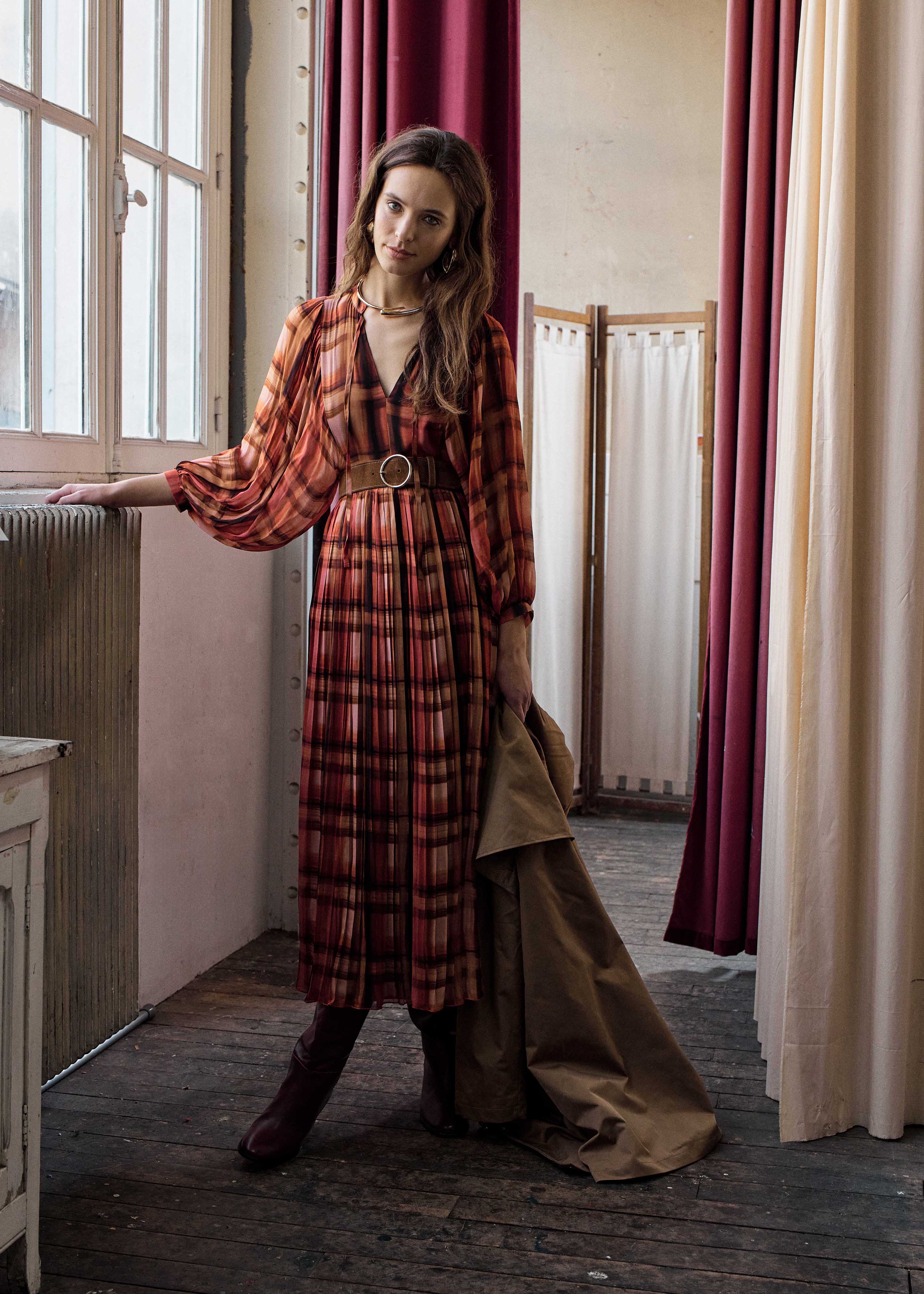 Robe longue terracotta à carreaux manches longues