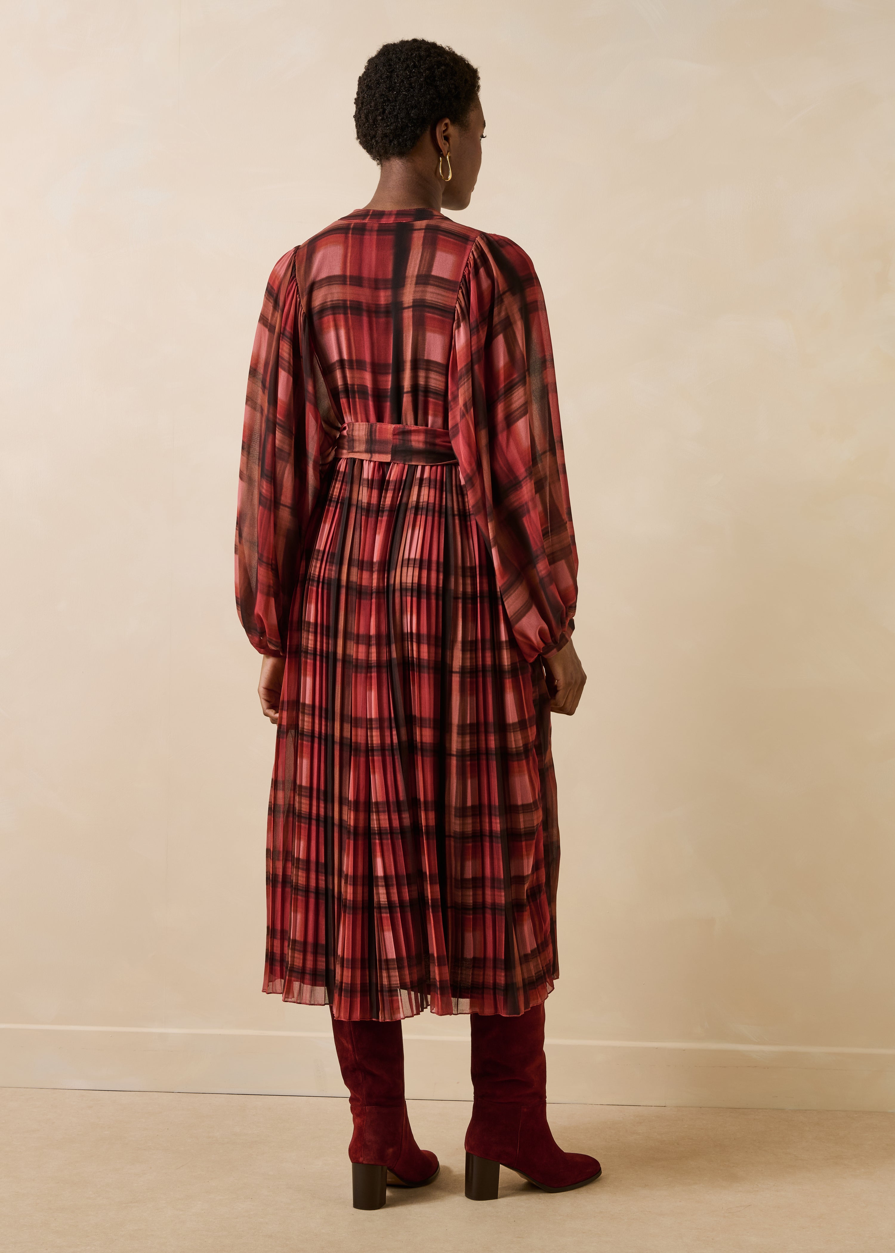 Robe longue terracotta à carreaux manches longues