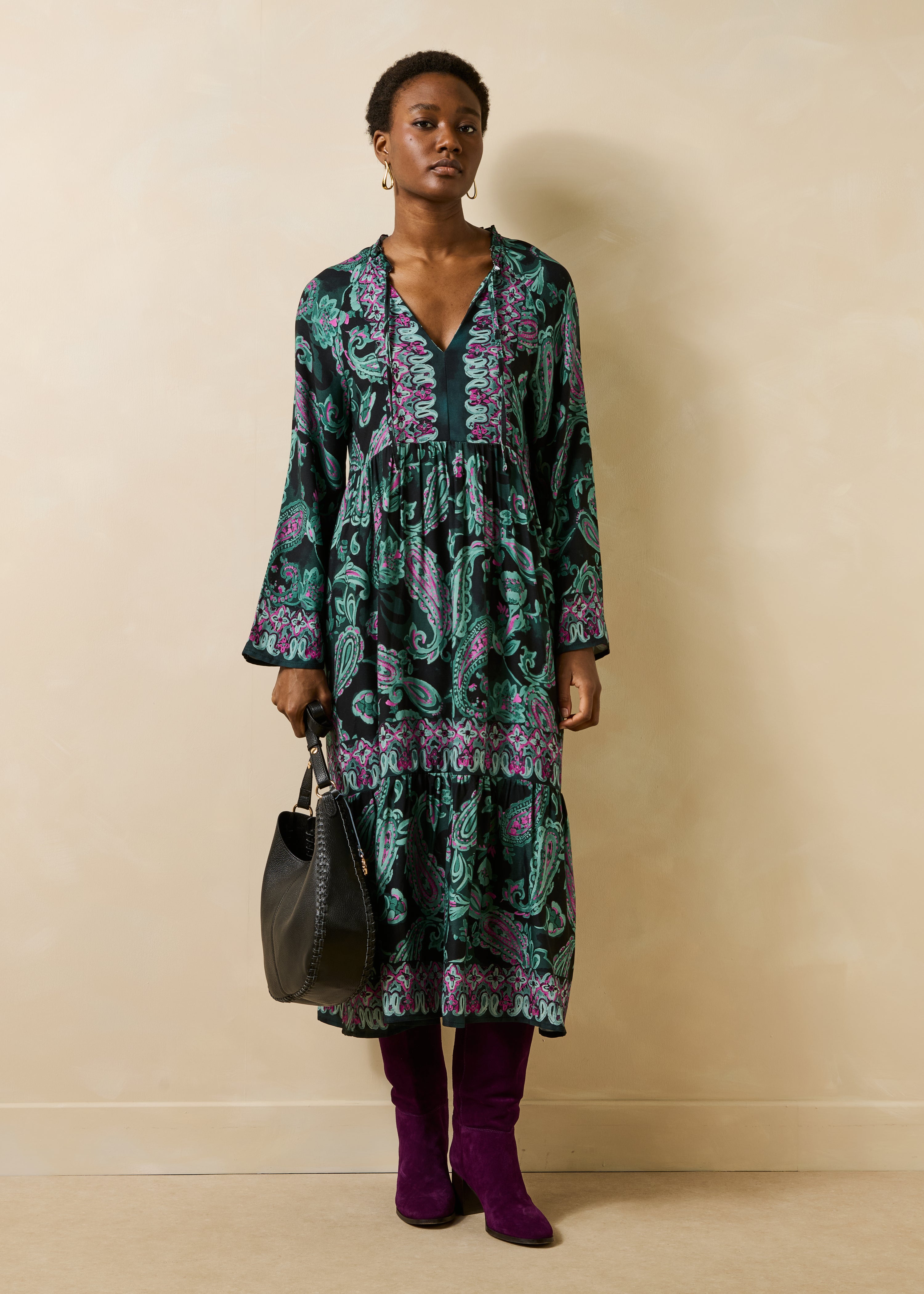 Robe longue ample verte imprimée manches longues
