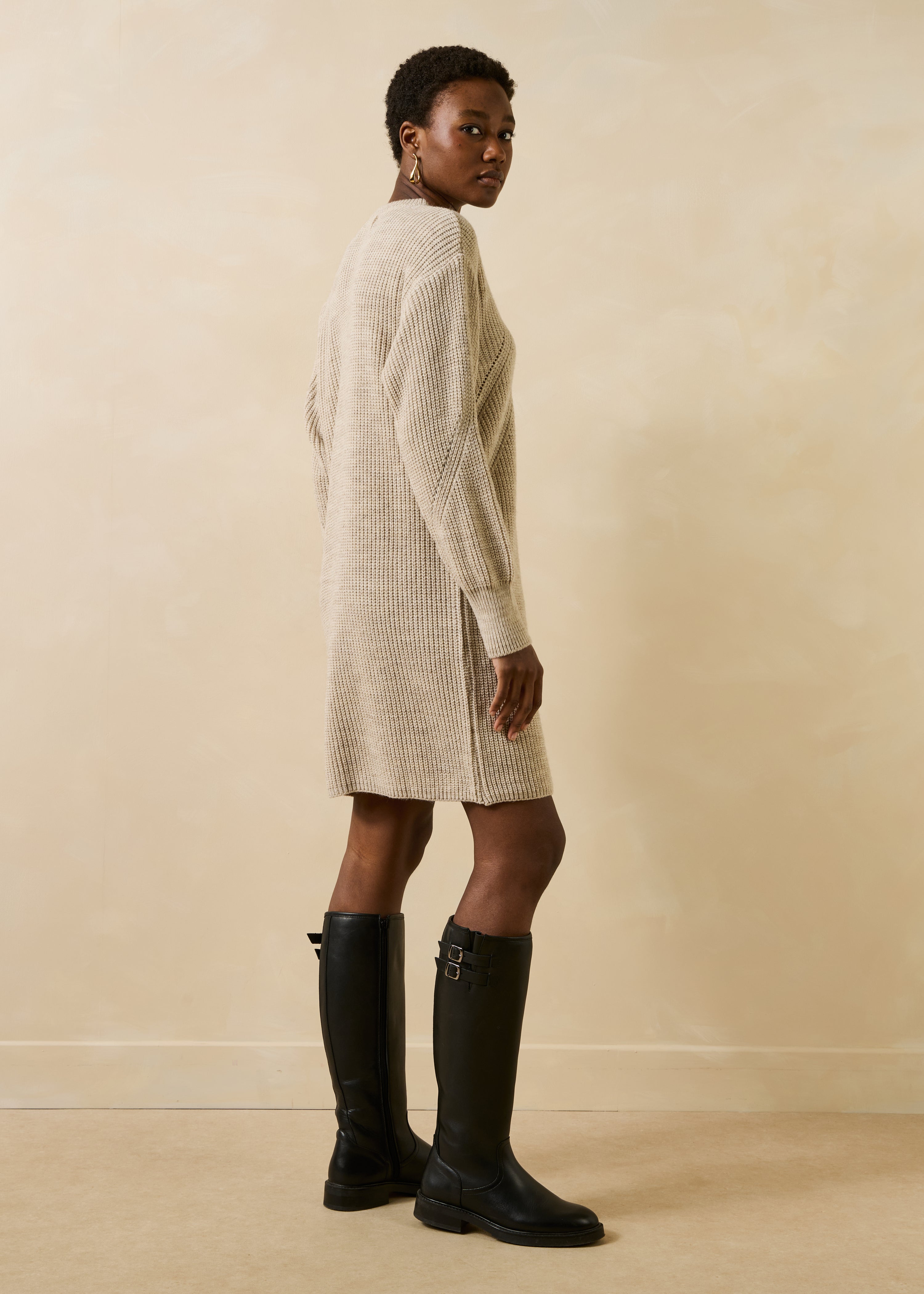Beige Short Knit Dress with Round Neck