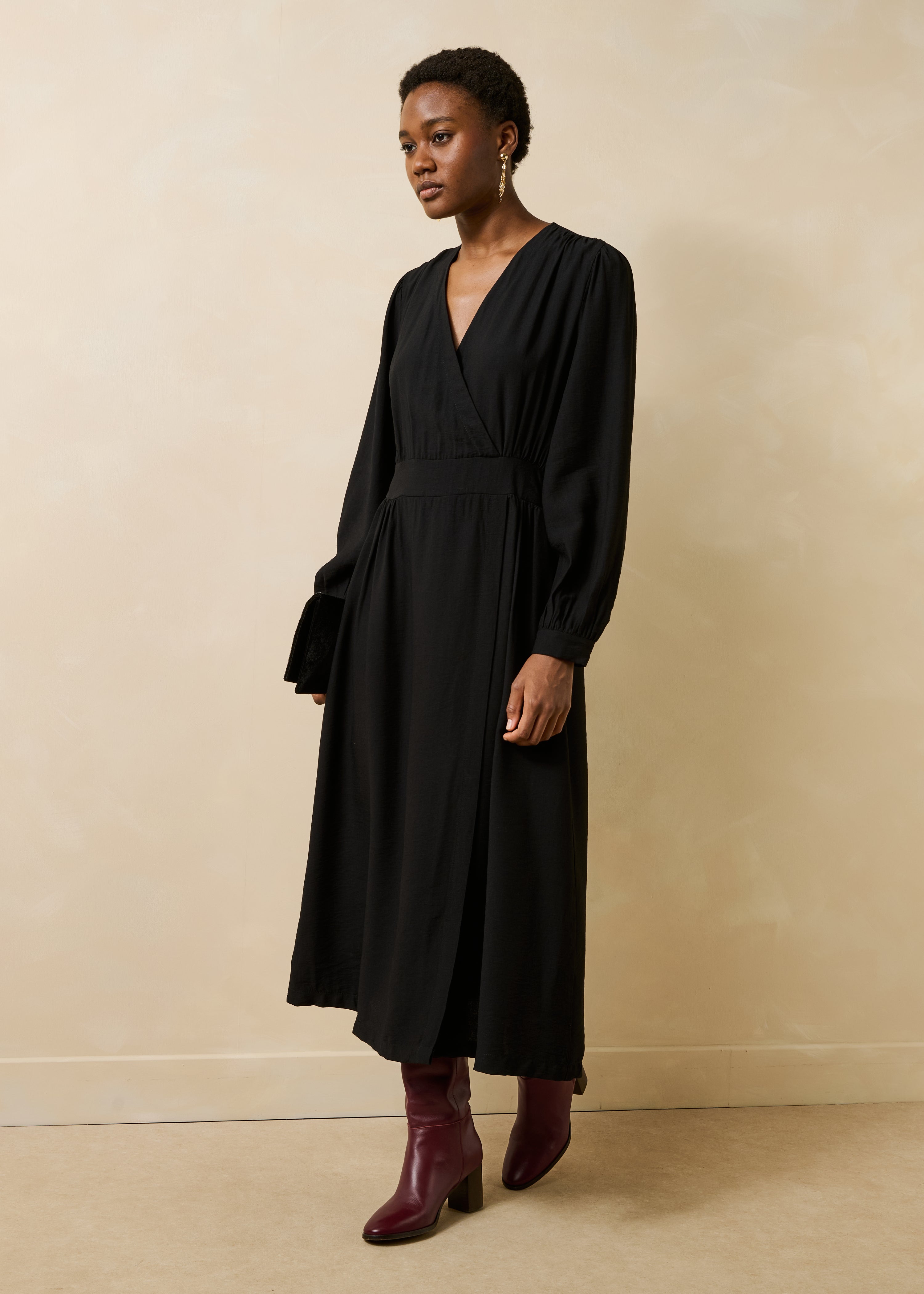 Black fitted long wrap dress
