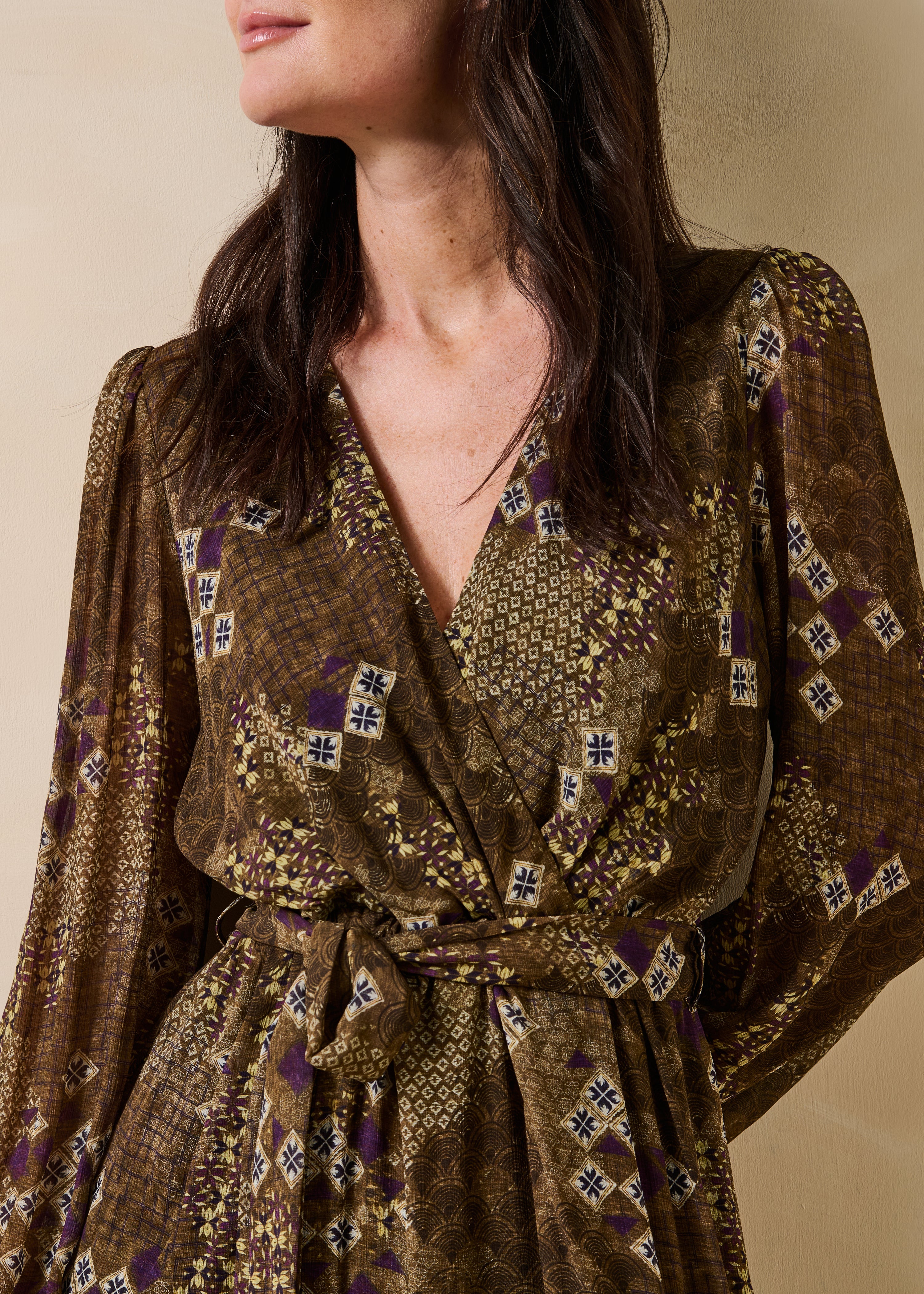 Long green wrap dress with long printed sleeves