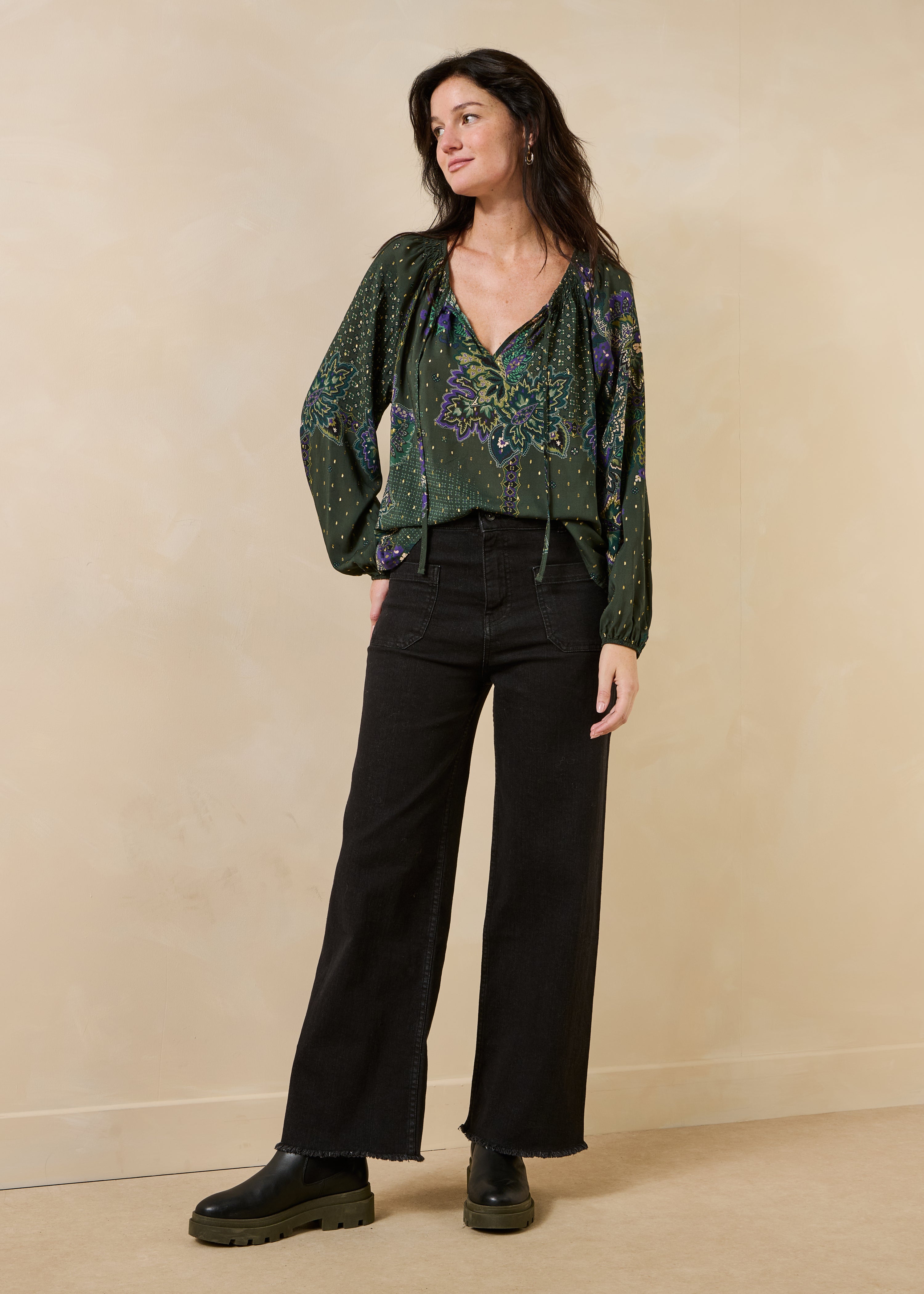 Loose green top with print