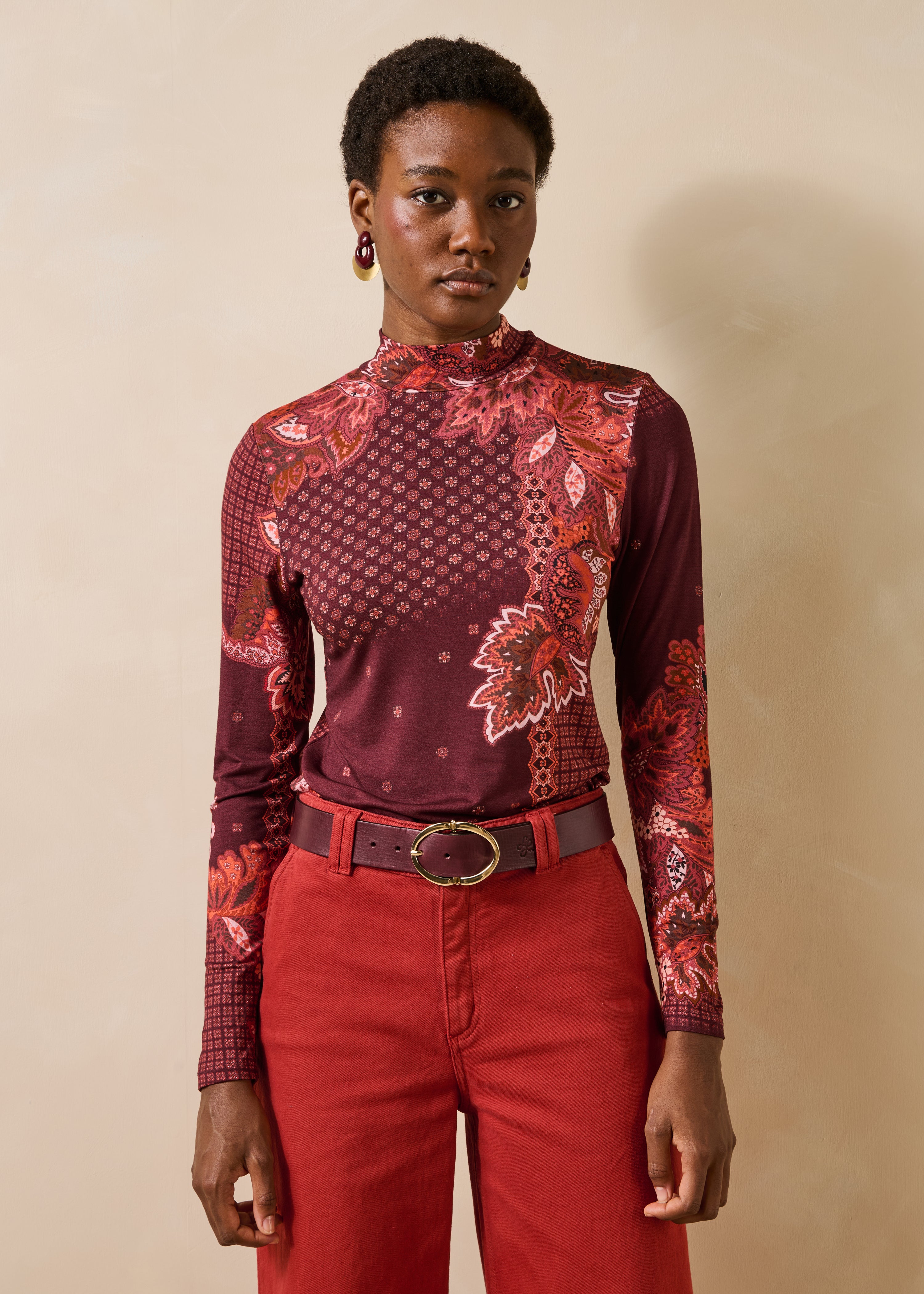 T-shirt rouge imprimé manches longues en jersey