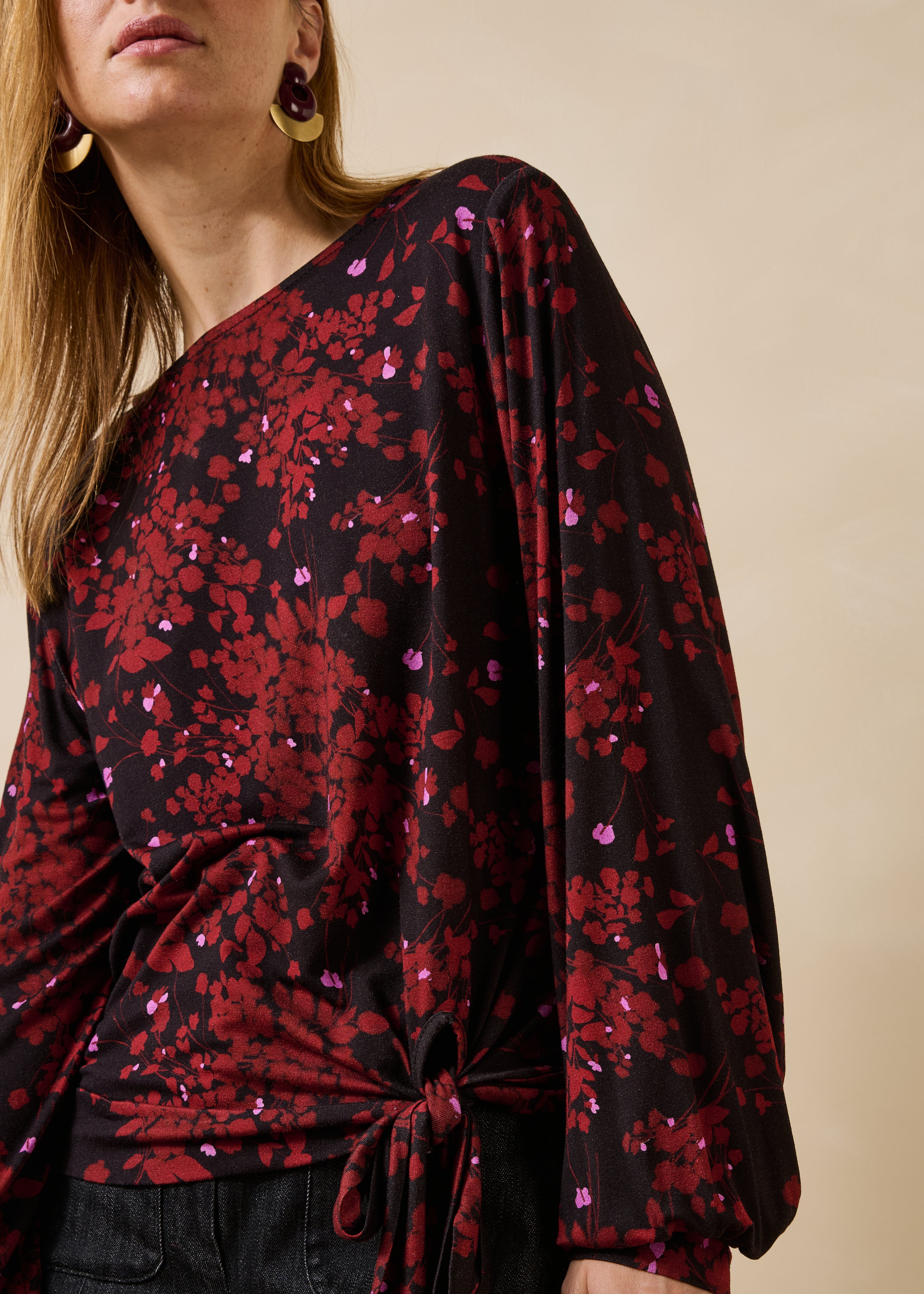 Burgundy and black floral long-sleeve T-shirt