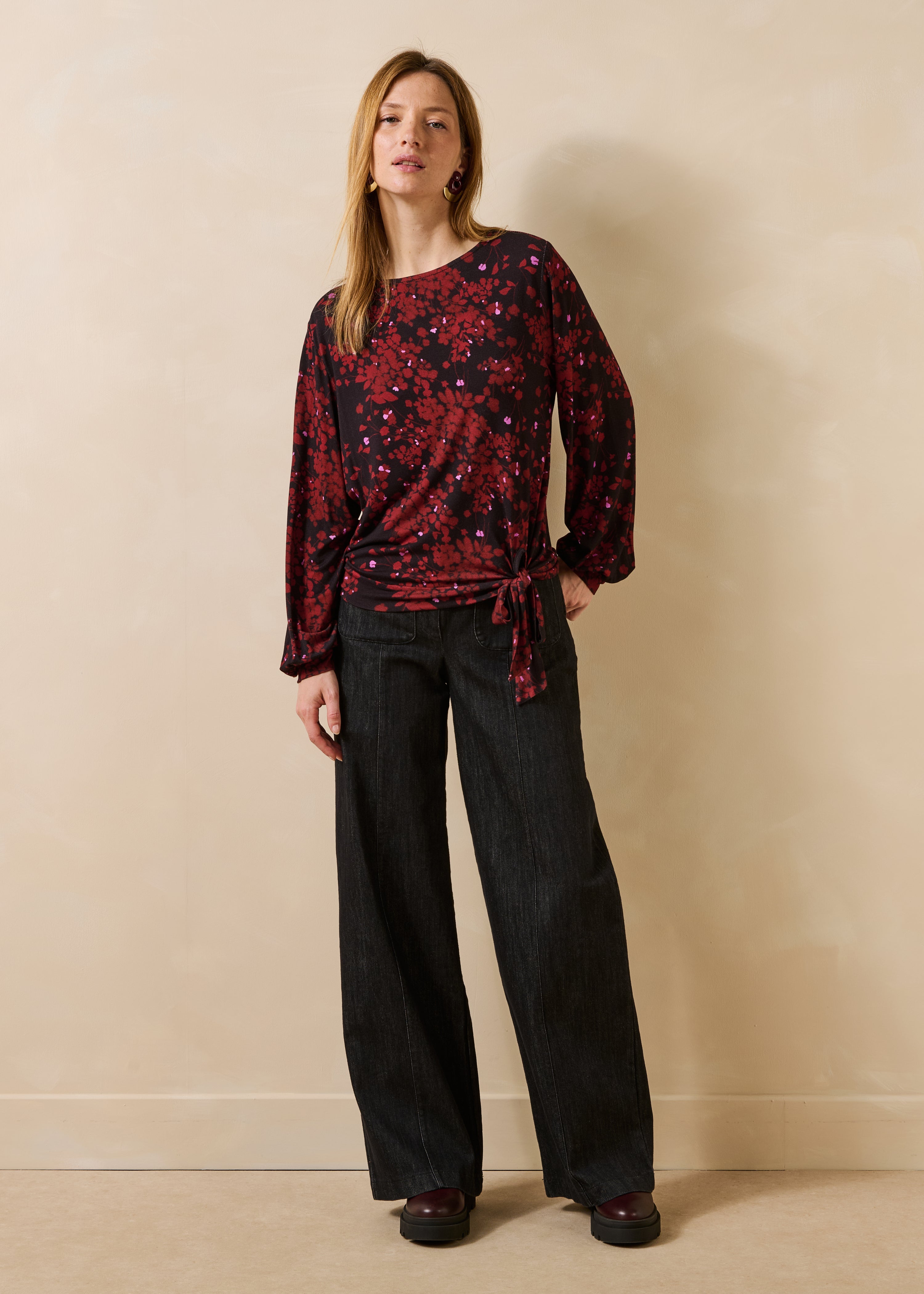 Burgundy and black floral long-sleeve T-shirt