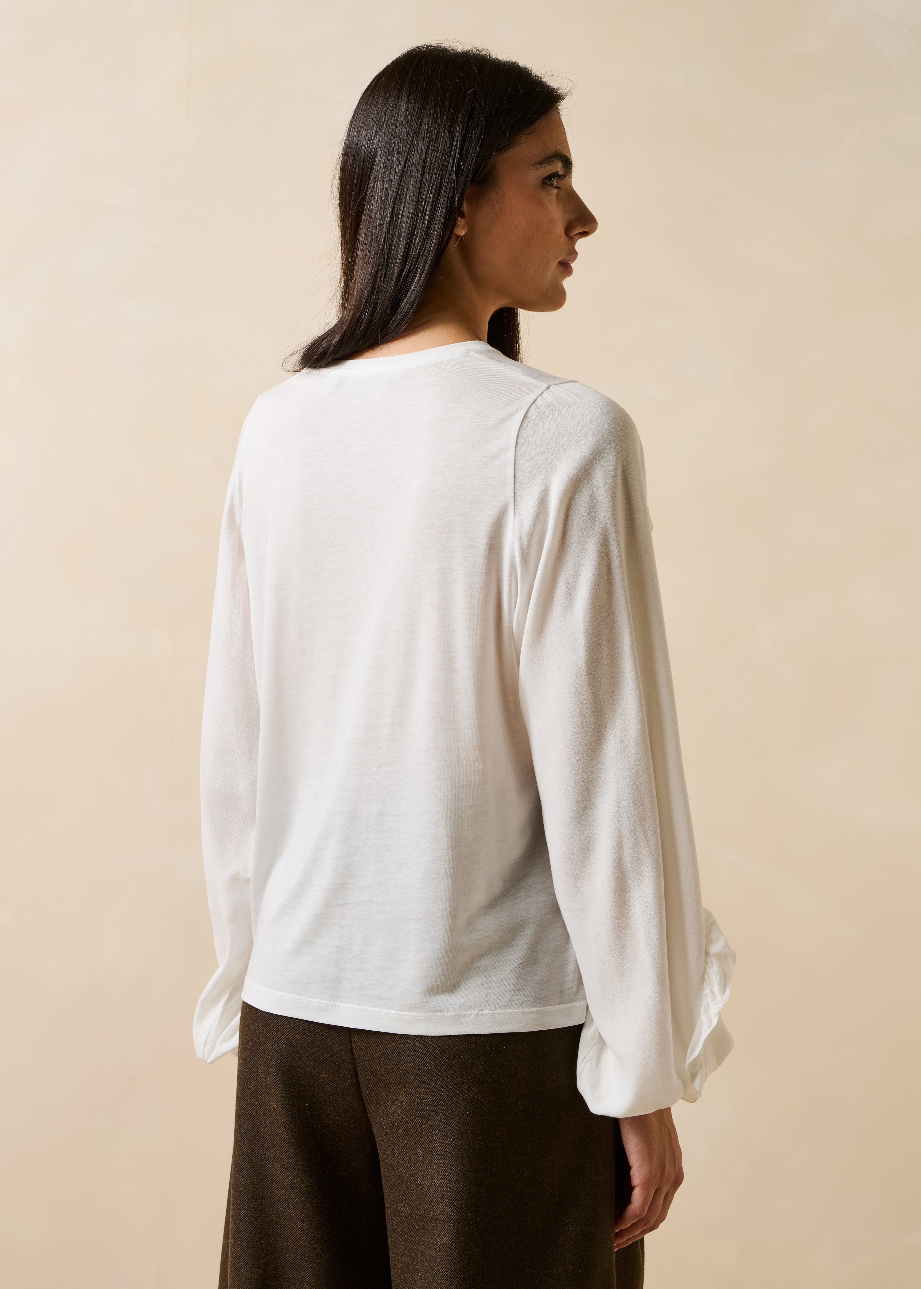 Ecru lyocell long-sleeve T-shirt with round neckline