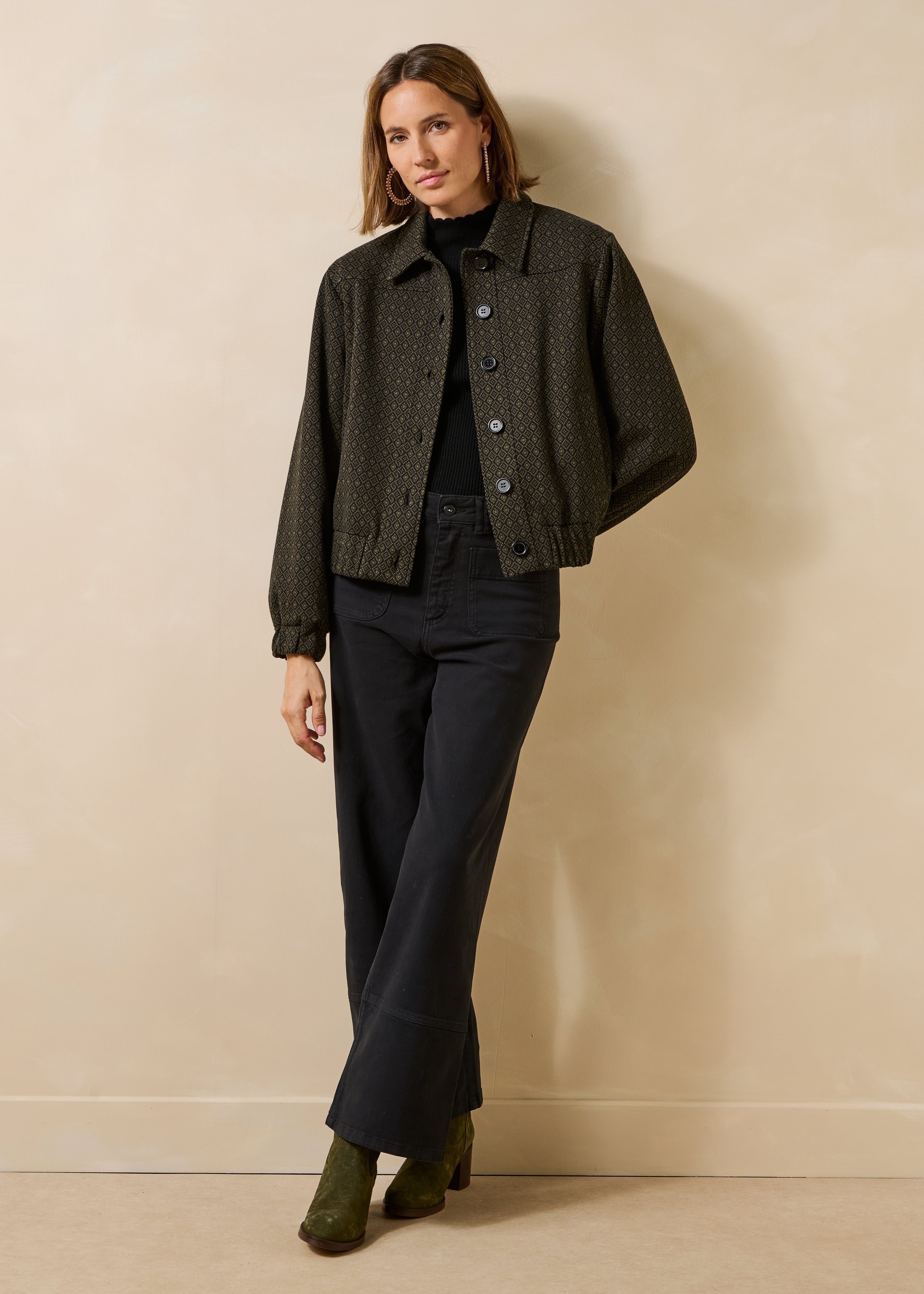 Blouson kaki manches longues en milano jacquard